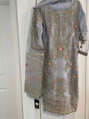 Girls Light Blue Embroidered Formal Dress with Sheer Dupatta